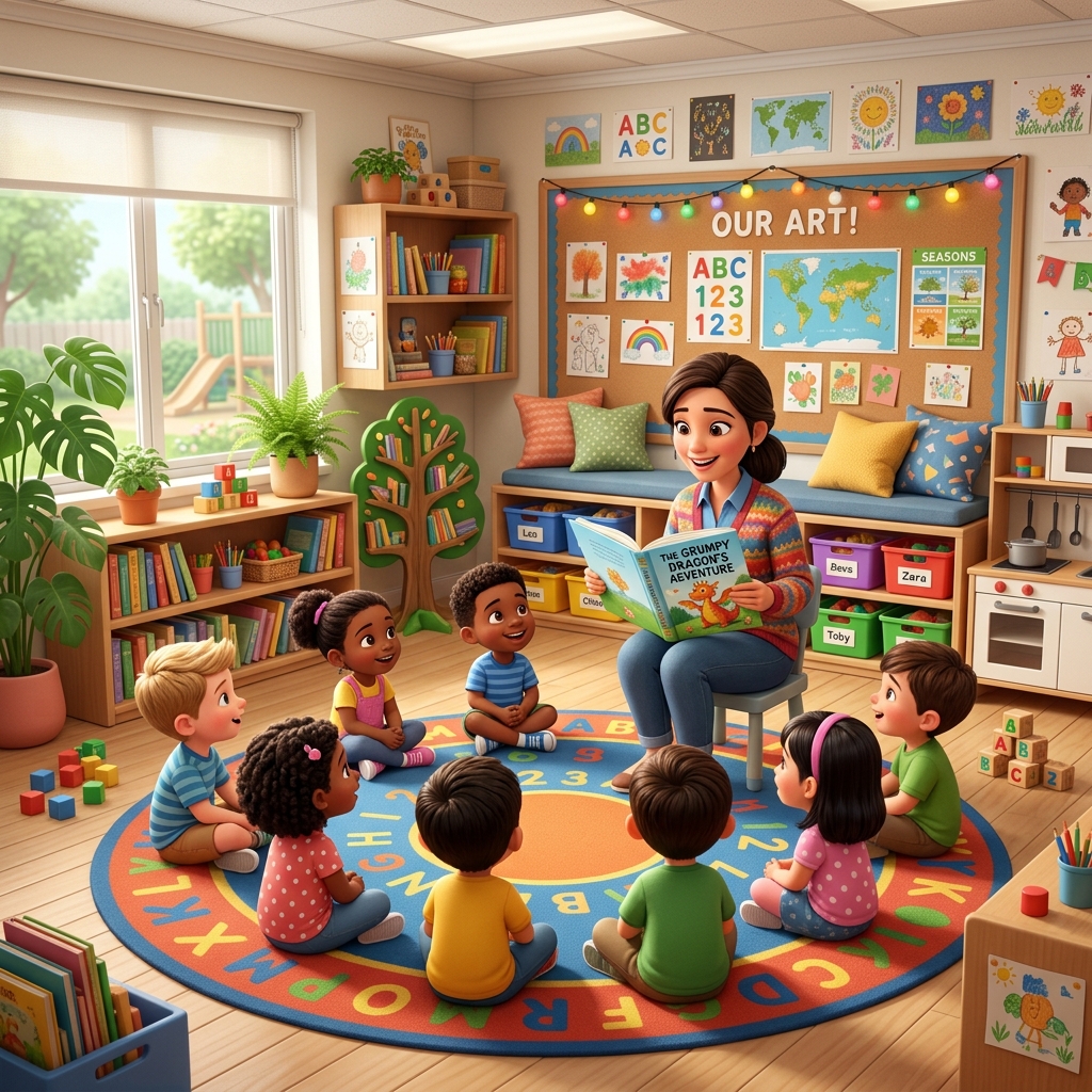 Teacher reading to children in a cozy classroom